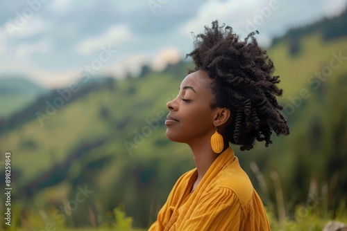 Serene woman on a digital detox for mental wellbeing, taking a break in Fandango attire photo