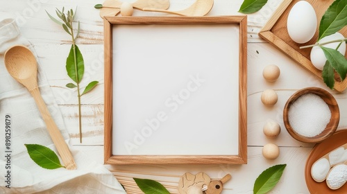 A rustic wooden frame surrounded by kitchen essentials on a whit photo