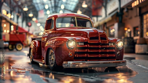 Shiny red vintage pickup truck in a retro market setting photo