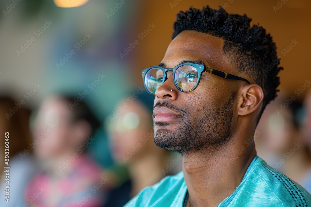 Fototapeta premium Finding Inner Peace - Man Engaged in Mindfulness Workshop, Spring Teal Attire for Stress Relief Practice