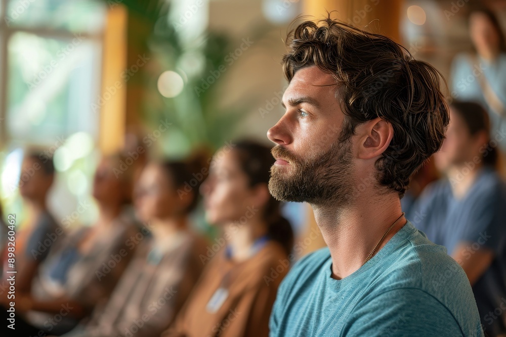 Mindfulness Workshop Participant in Spring Teal: Profile of Man Engaging in Stress Relief Practice Mindfulness Workshop Participant in Spring Teal: Profile of Man Engaging in Stress Relief Practice