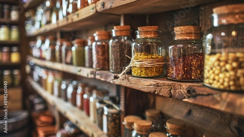 Wallpaper Mural Assorted glass jars filled with spices on wooden shelves Torontodigital.ca