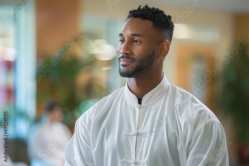 Tranquil Man Engaged in Tai Chi for Mental Health Wellness, Wearing Pistachio Attire