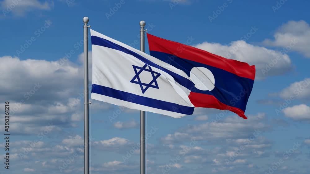 Laos and Israel flags flying together, video concept of the relationship, two country relations concept Laos and Israel flags flying together, video concept of the relationship, two country relations concept