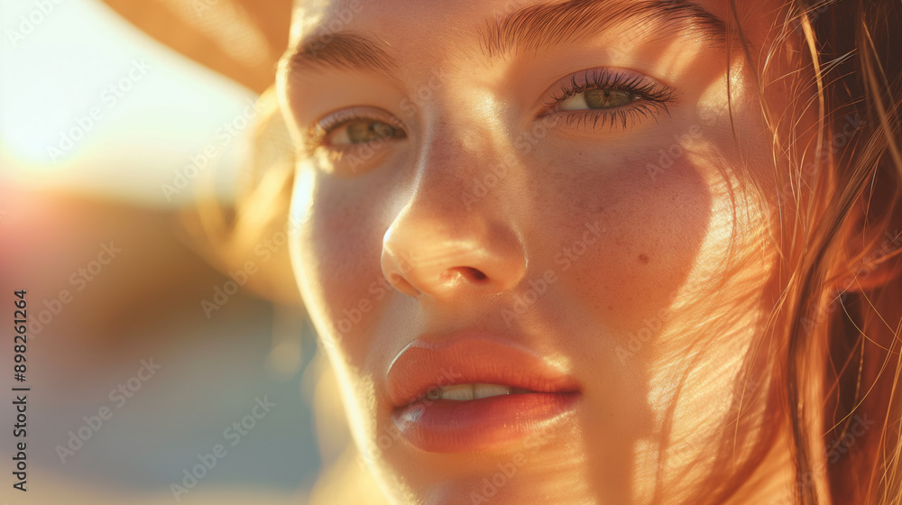 Close-up portrait of a woman with a glowing summer tan during golden hour Close-up portrait of a woman with a glowing summer tan during golden hour
