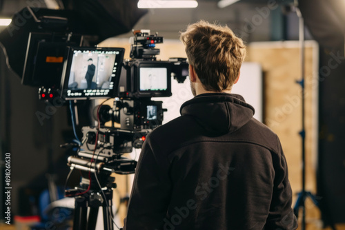 Young filmmaker working behind the scenes on a set in a studio © Mirjana