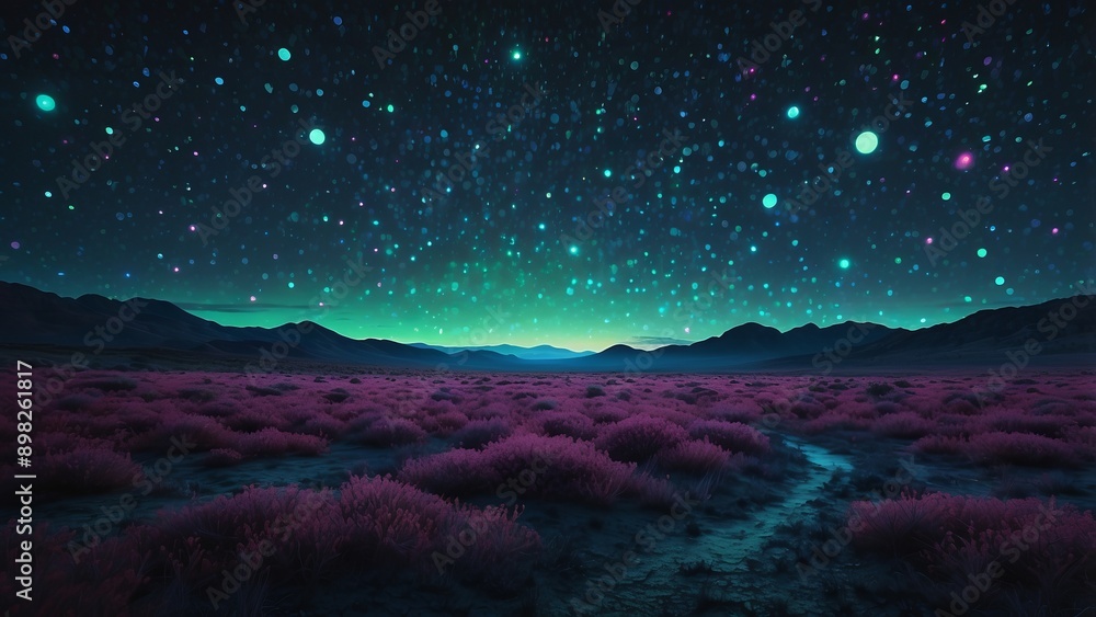 Fantasy Landscape with Pink Fields Under Starry Night Sky Fantasy Landscape with Pink Fields Under Starry Night Sky