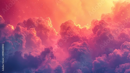  A sky brimming with numerous clouds, bathed in bright orange and pink hues, adorned with stars scattered among the clouds © Viktor