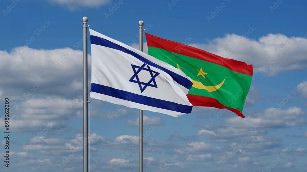 Mauritania and Israel flags flying together, video concept of the relationship, two country relations concept Mauritania and Israel flags flying together, video concept of the relationship, two country relations concept