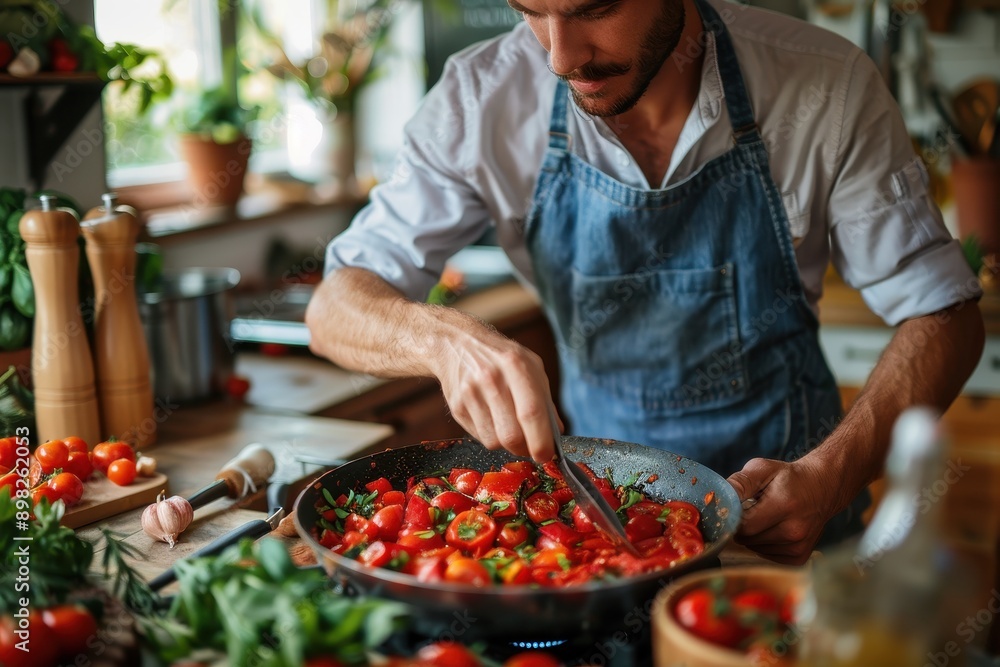 Culinary Therapy: Man Finding Stress Relief Through Cooking, Wearing Rouge Red Culinary Therapy: Man Finding Stress Relief Through Cooking, Wearing Rouge Red