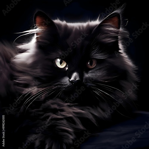 The cat has black fur, is fluffy, and the eyes are light yellow.