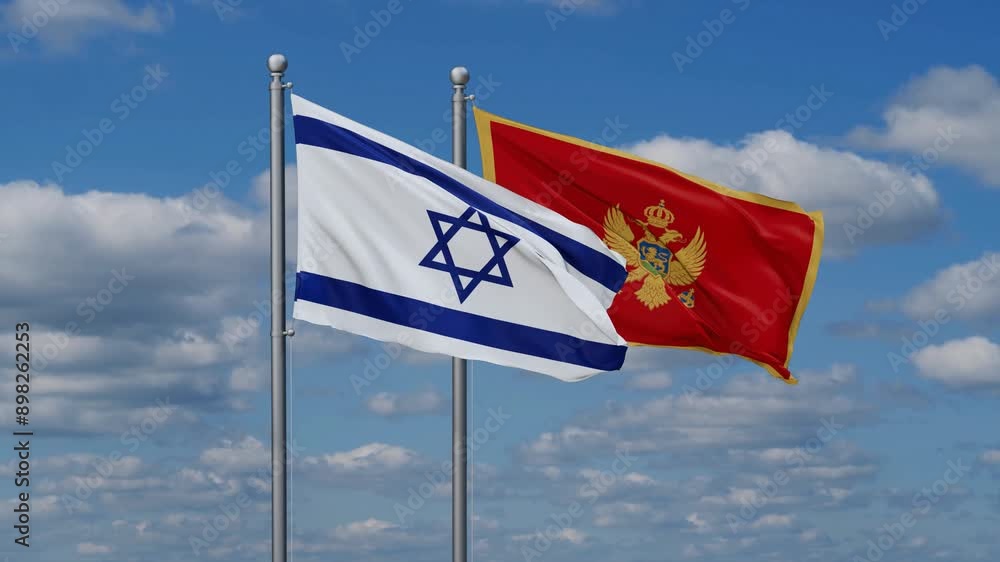 Montenegro and Israel flags flying together, video concept of the relationship, two country cooperation concept Montenegro and Israel flags flying together, video concept of the relationship, two country cooperation concept