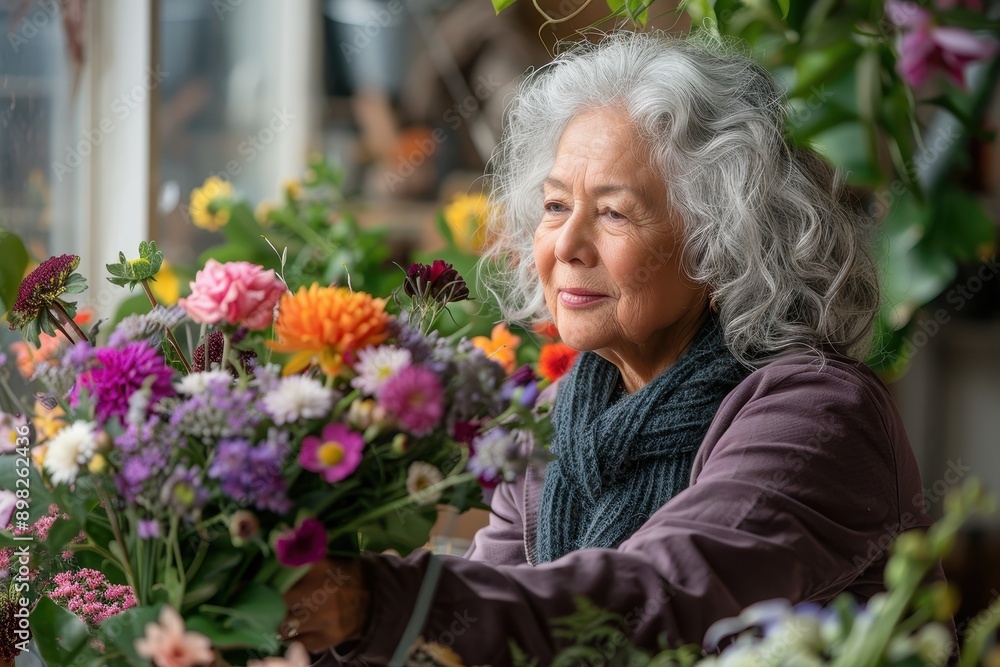 Serene Senior Woman in Rebecca Purple Arranging Flowers, Engaging in Peaceful Mental Activity Serene Senior Woman in Rebecca Purple Arranging Flowers, Engaging in Peaceful Mental Activity