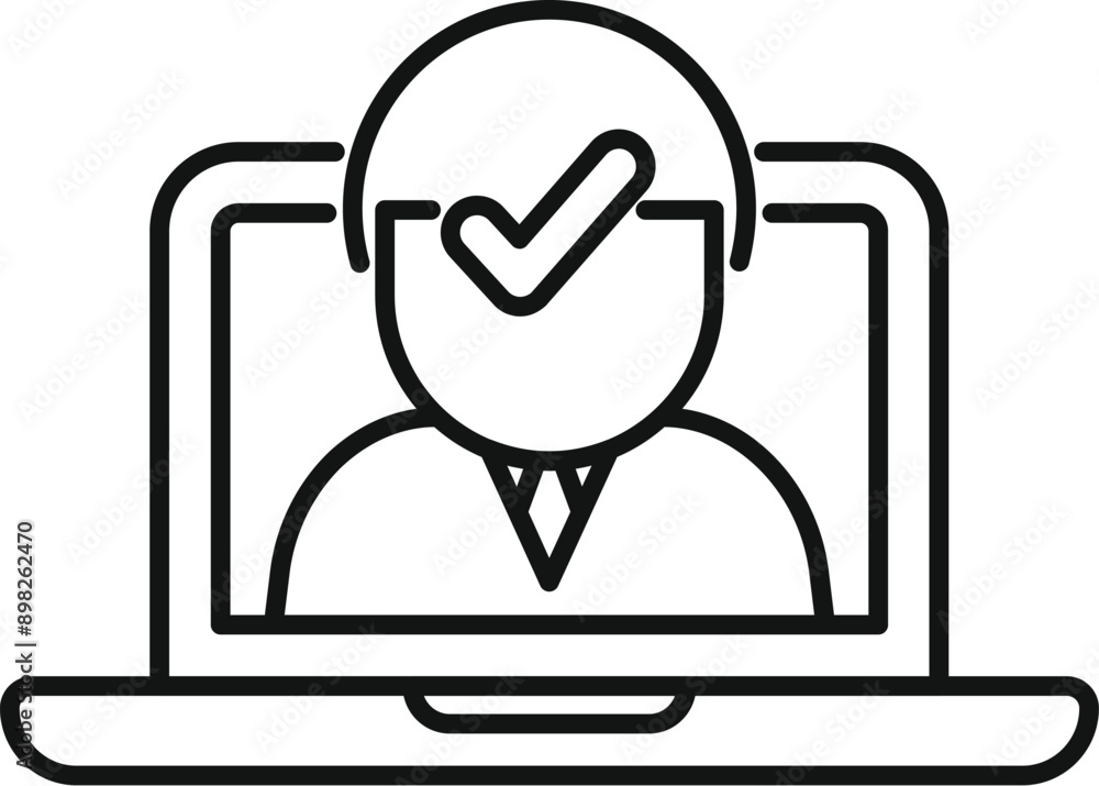 Businessman is passing an online exam on a laptop, with a checkmark indicating success Businessman is passing an online exam on a laptop, with a checkmark indicating success
