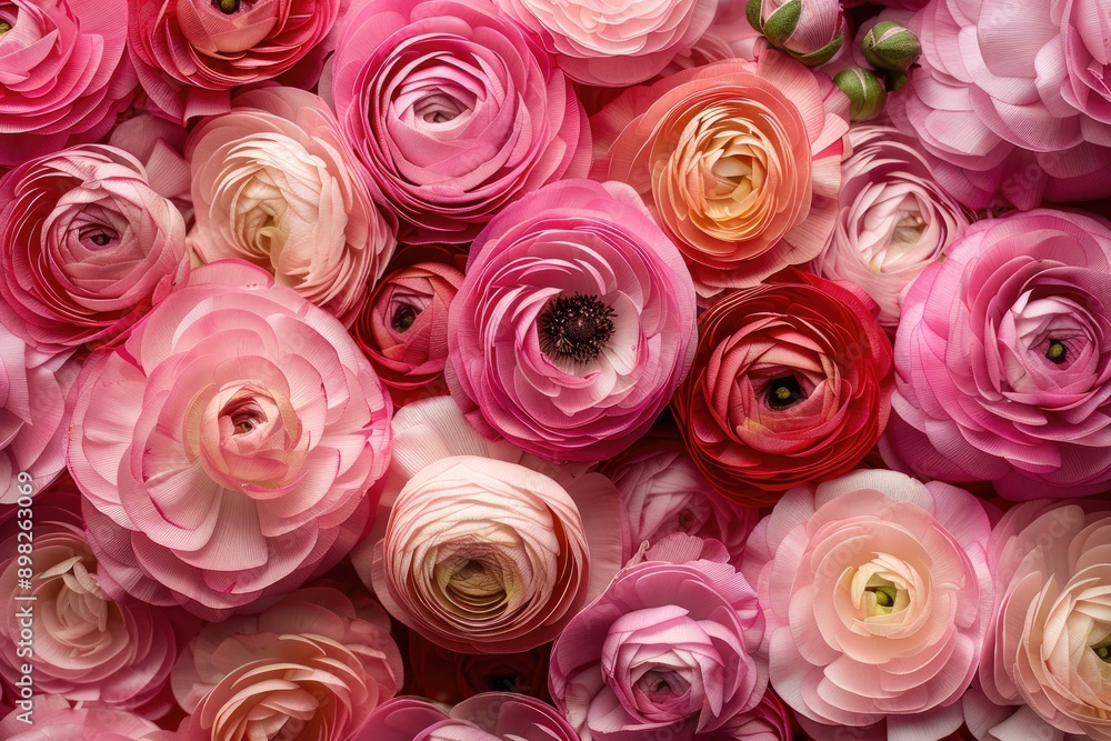 Ranunculus in various shades of pink, A vibrant display of pink and red flowers in full bloom, AI generated Ranunculus in various shades of pink, A vibrant display of pink and red flowers in full bloom, AI generated