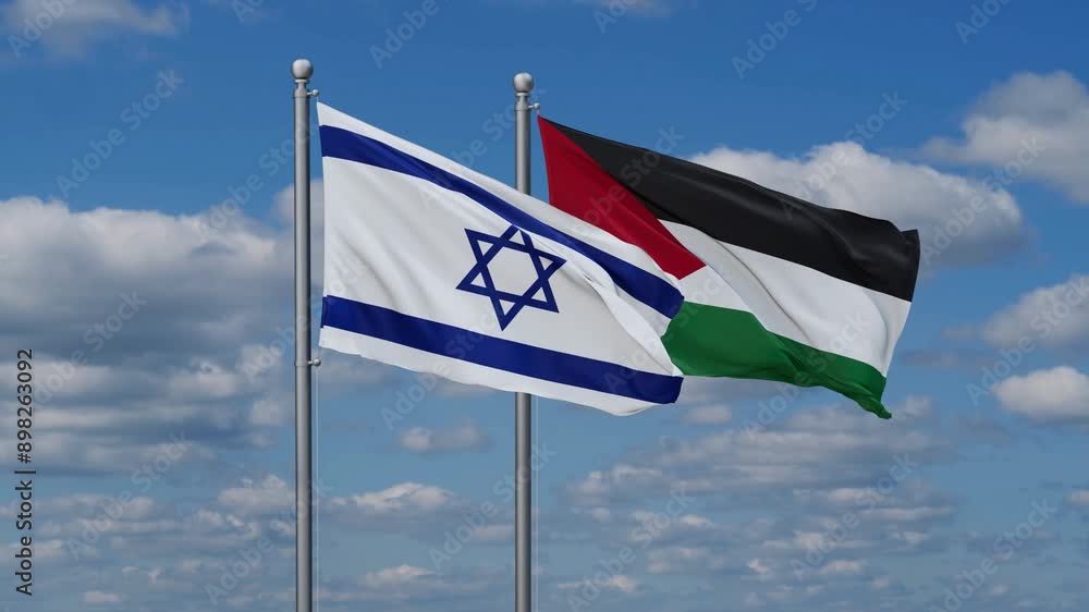 Palestine and Gaza Strip and Israel two flags waving together on blue sky, video concept of the relationship Palestine and Gaza Strip and Israel two flags waving together on blue sky, video concept of the relationship
