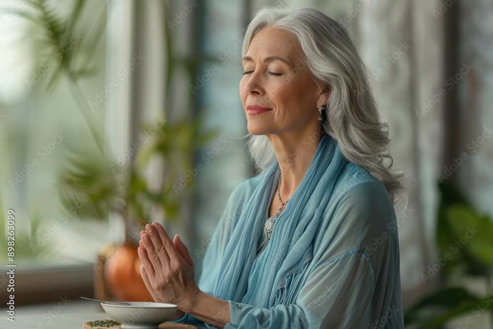 Fototapeta premium Serene Senior Woman Practicing Mindful Eating for Stress Relief in Ultramarine Attire