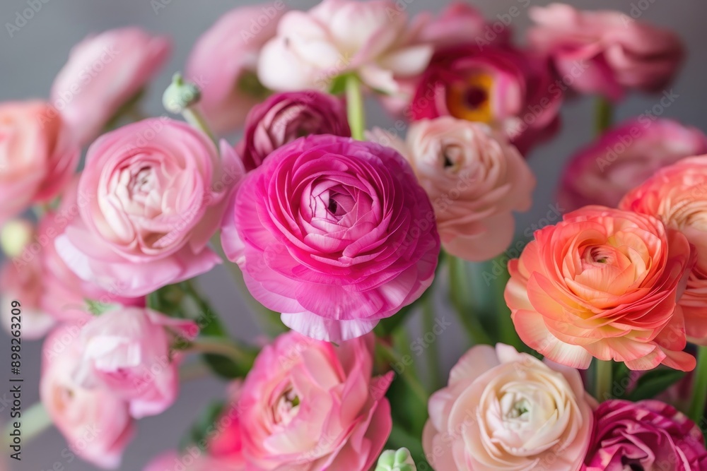 Ranunculus in various shades of pink, A vibrant display of pink and red flowers in full bloom, AI generated Ranunculus in various shades of pink, A vibrant display of pink and red flowers in full bloom, AI generated