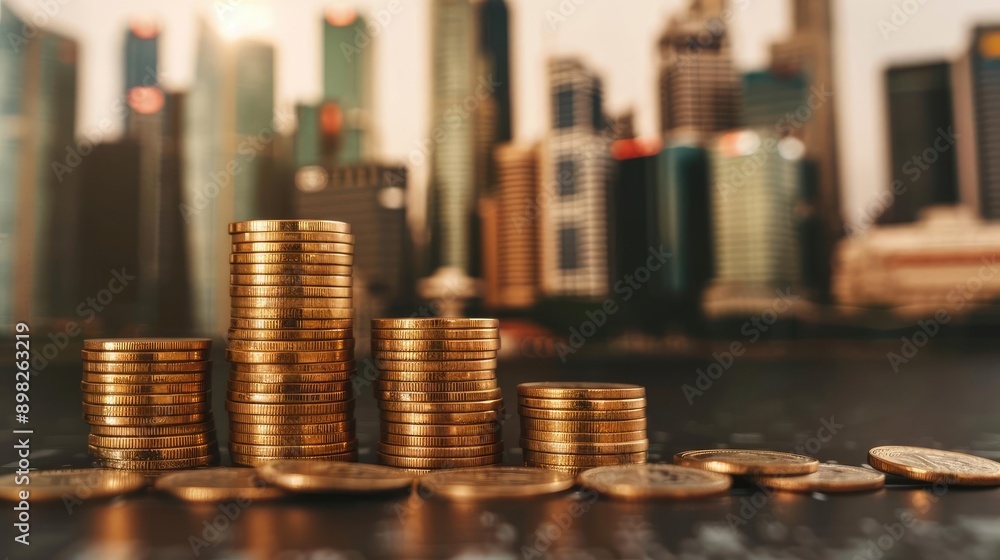 Coins stacked in front of grand financial institutions, symbolizing robust financing systems Coins stacked in front of grand financial institutions, symbolizing robust financing systems