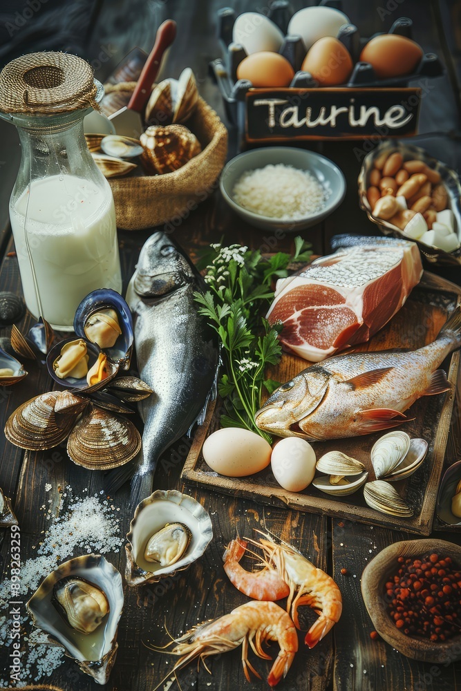 Food contains taurine on the table. Selective focus.