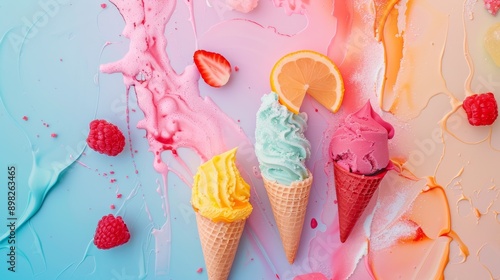 Melting ice cream cones with colorful drips and fruits photo