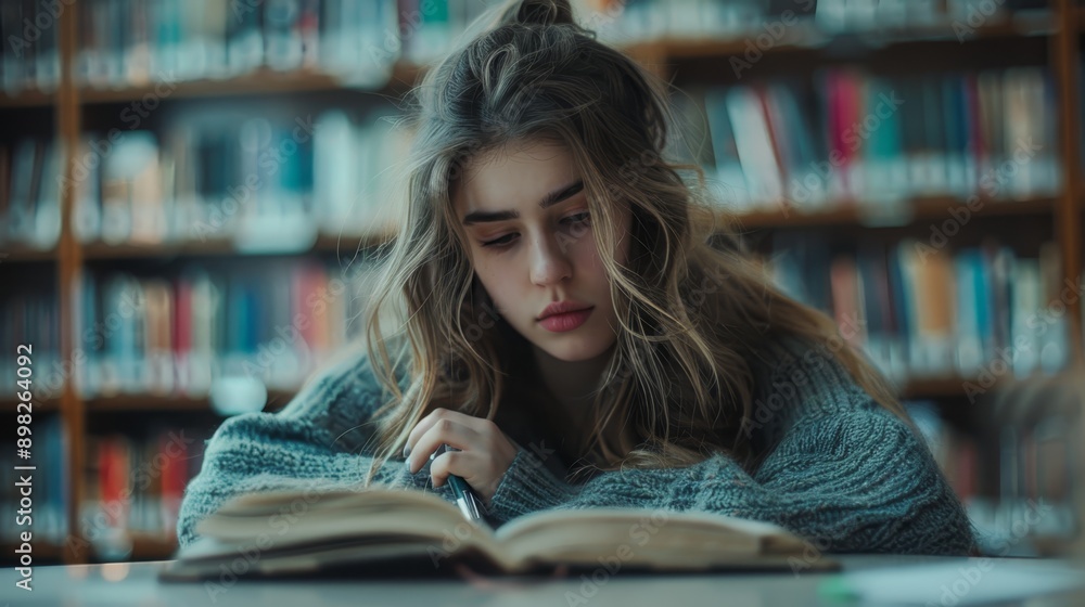 A woman engrossed in a book at a table, surrounded by bookshelves filled with volumes behind her A woman engrossed in a book at a table, surrounded by bookshelves filled with volumes behind her