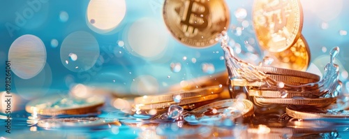 Coin splash, liquid prosperity, metallic fluidity, dynamic wealth display, vibrant financial growth