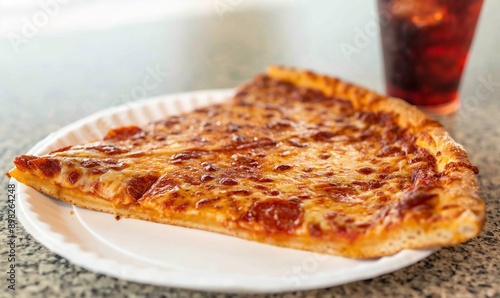 Two slices of pizza on a white paper plate with a fountain soda nearby