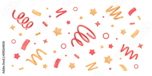 Background with 3d confetti. Fireworks of serpentine, tinsel, stars and dots. Holiday horizontal wallpaper. Event decoration. Cartoon firecracker elements. Vector isolated illustration.