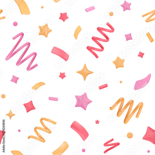 Seamless pattern with 3d confetti, stars and ribbons. Party background, birthday or celebration event wallpaper with cartoon firecracker elements. Vector fireworks illustration.
