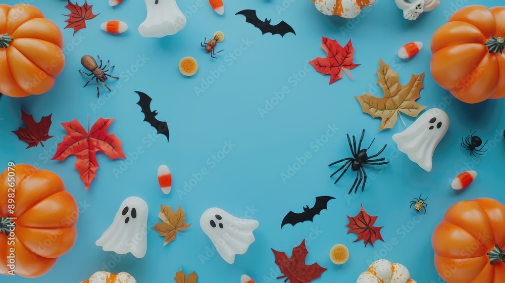 Group of Halloween-themed decorations arranged on a blue surface, ideal for spooky event or party decoration Group of Halloween-themed decorations arranged on a blue surface, ideal for spooky event or party decoration
