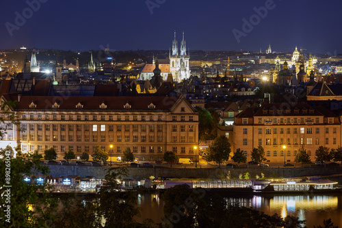 Aerial cityscape evening view of Prague, capital of Czech Republic, view from Letna park