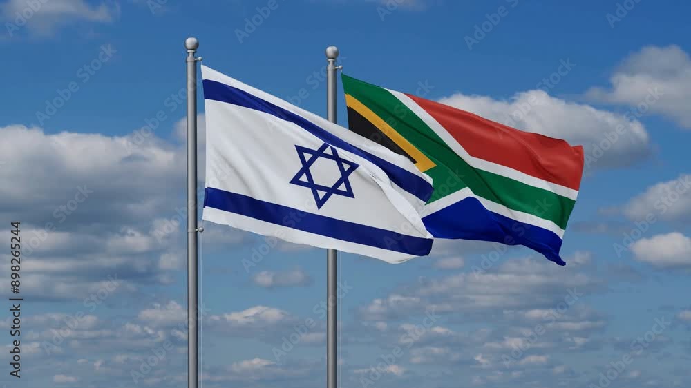 Republic of South Africa and Israel flags flying together, video concept of the relationship, two country cooperation concept Republic of South Africa and Israel flags flying together, video concept of the relationship, two country cooperation concept