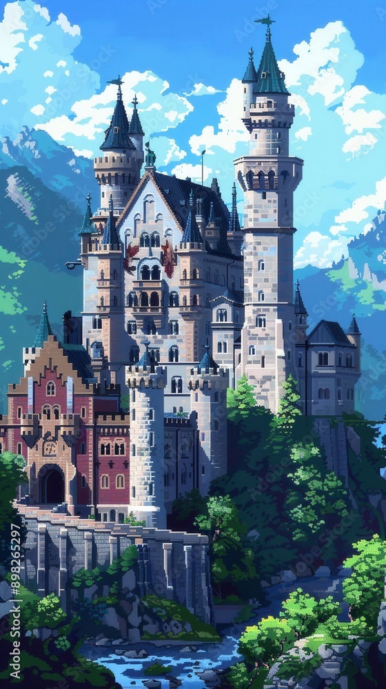 Naklejka premium Pixel art castle, medieval setting, towering walls, historical grandeur