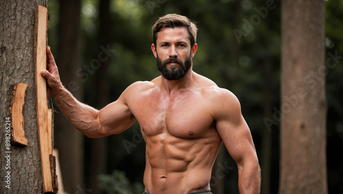 Athletic handsome woodcutter macho in his 30s with beard, bare torso topless. photo