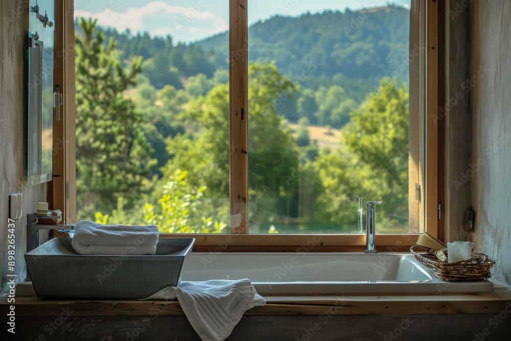 Bathroom with a large window overlooking the mountains and the valley Bathroom with a large window overlooking the mountains and the valley