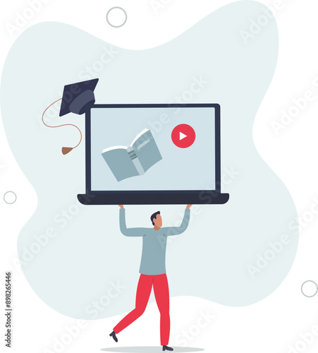 Education concept Student studying with book and learning online .flat design.illustration with people.