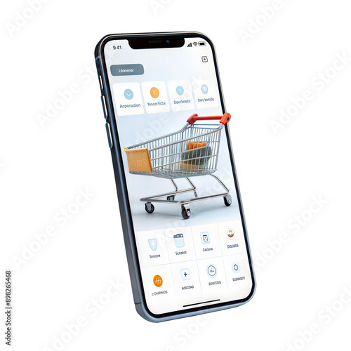 Smartphone displaying an online shopping app with a cart and products listed for purchase