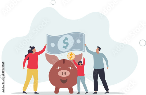 Family income .People making savings in piggy bank.flat design.illustration with people.