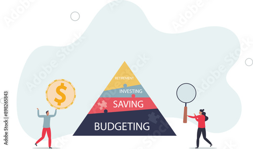 Financial planning with budgeting, saving, investing and retirement levels on labeled pyramid ..flat design.illustration with people.
