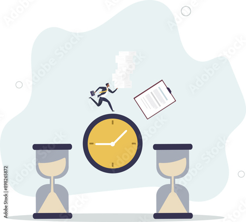 Overemployment and stressful time management for work.Unhealthy struggle about paperwork tasks and job stress.flat design.illustration with people.
