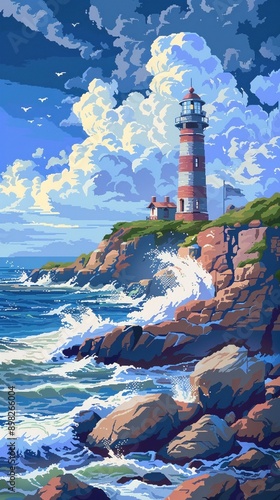 Pixel art lighthouse, rocky coast, crashing waves, maritime scene