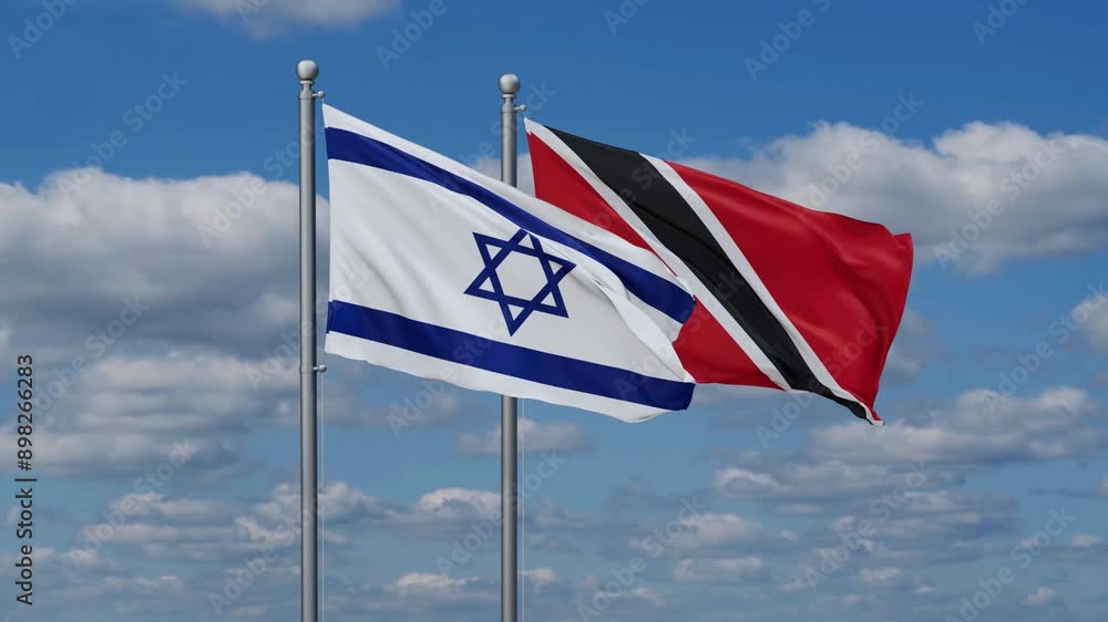 Trinidad and Tobago and Israel flags flying together, video concept of the relationship, two country cooperation concept Trinidad and Tobago and Israel flags flying together, video concept of the relationship, two country cooperation concept