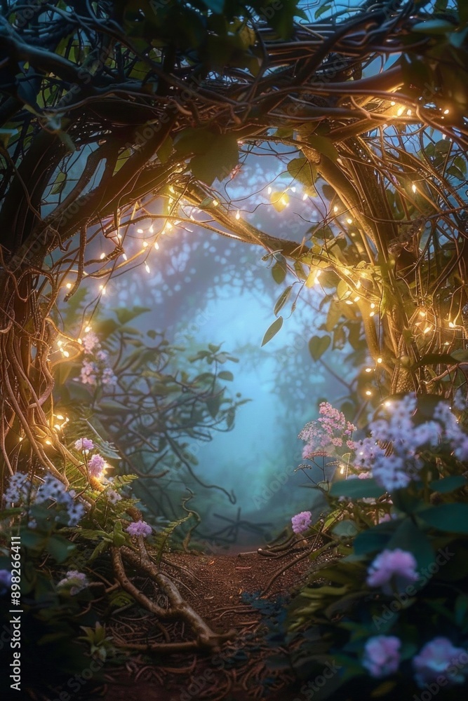 Fototapeta premium A frame made of intricate branches and vines, adorned with glowing fairy lights and delicate flowers, leading into a clear, mystical portal-like opening surrounded by a soft, ethereal glow. 