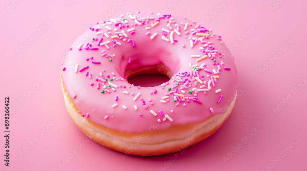 A pink frosted doughnut with sprinkles on top A pink frosted doughnut with sprinkles on top