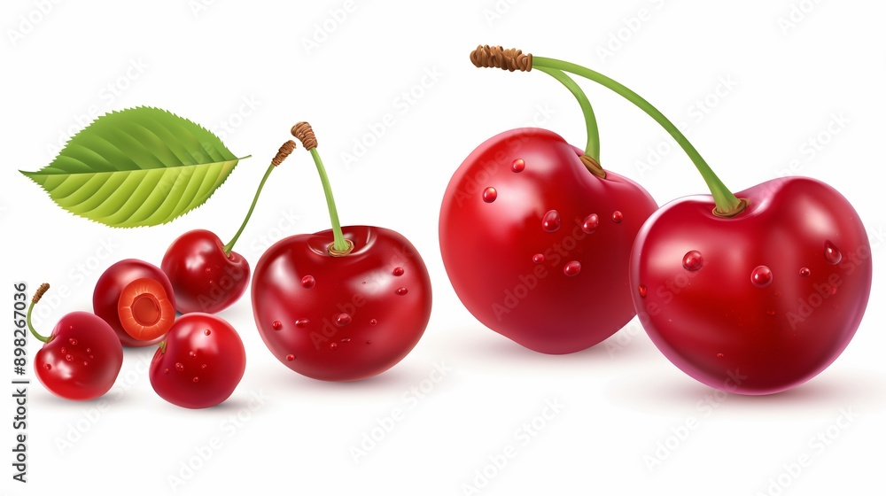 A bunch of red cherries with a leaf on top. The cherries are in different stages of ripeness, with some being more ripe than others. Concept of abundance and freshness A bunch of red cherries with a leaf on top. The cherries are in different stages of ripeness, with some being more ripe than others. Concept of abundance and freshness