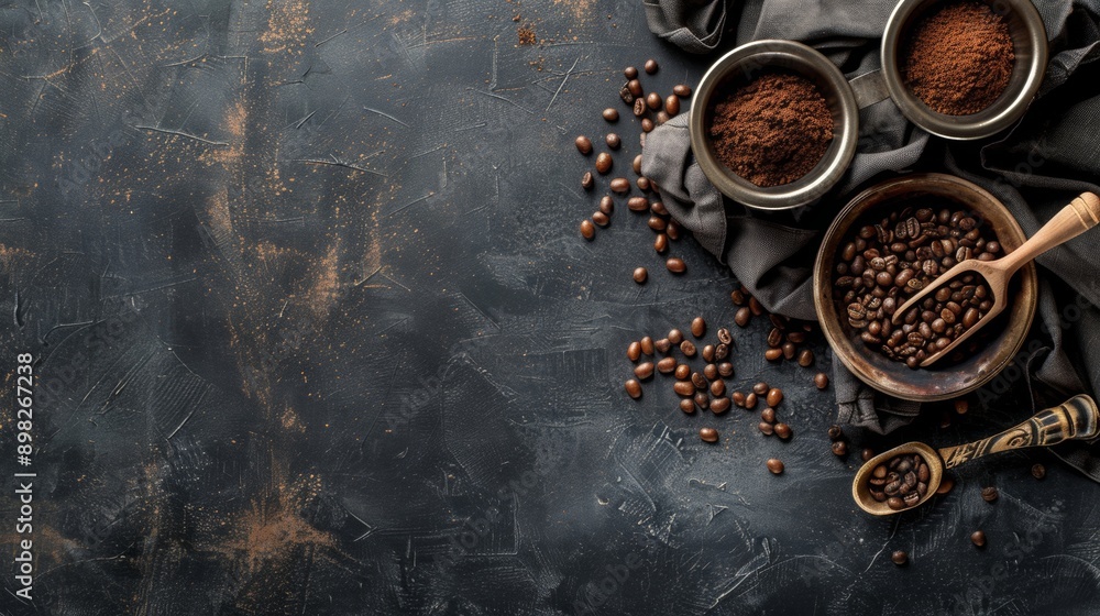 Coffee beans and ground coffee on rustic background Coffee beans and ground coffee on rustic background