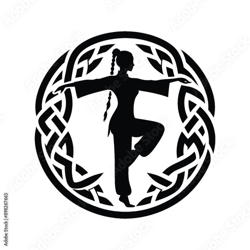 kungfu, Tai Chi  female player in celtic knot pattern illustration, emblem shield badge