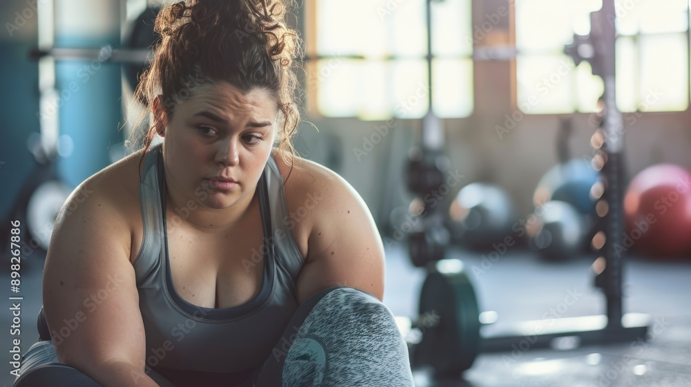 A mildly overweight beautiful woman, in gym, wearing exercise clothes, sitting on weights, frustrated, tired, looking at the floor A mildly overweight beautiful woman, in gym, wearing exercise clothes, sitting on weights, frustrated, tired, looking at the floor