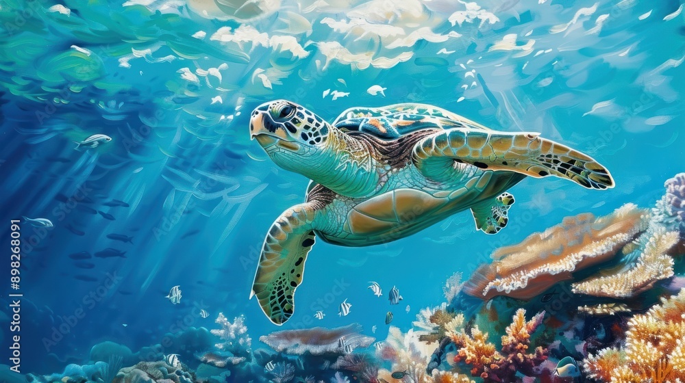 Fototapeta premium A sea turtle swims in the blue sea.